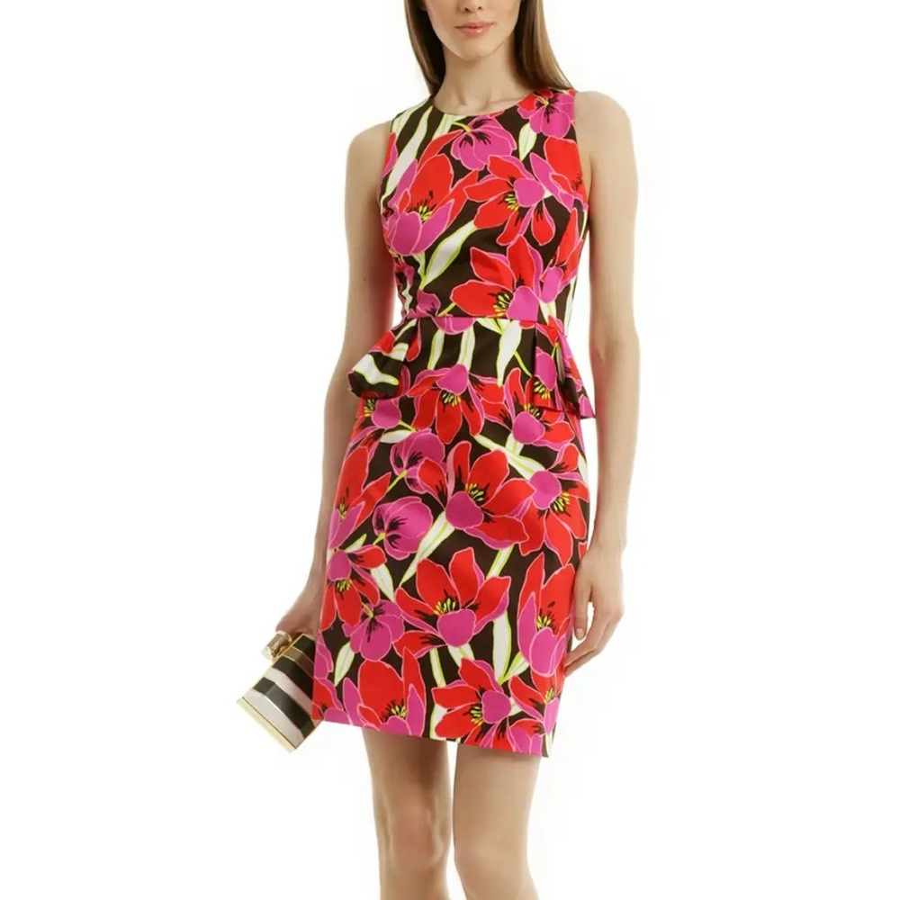 Kate Spade Red Pink Multicolor Tropical Floral Peplum Sheath Mini Dress, S-6
